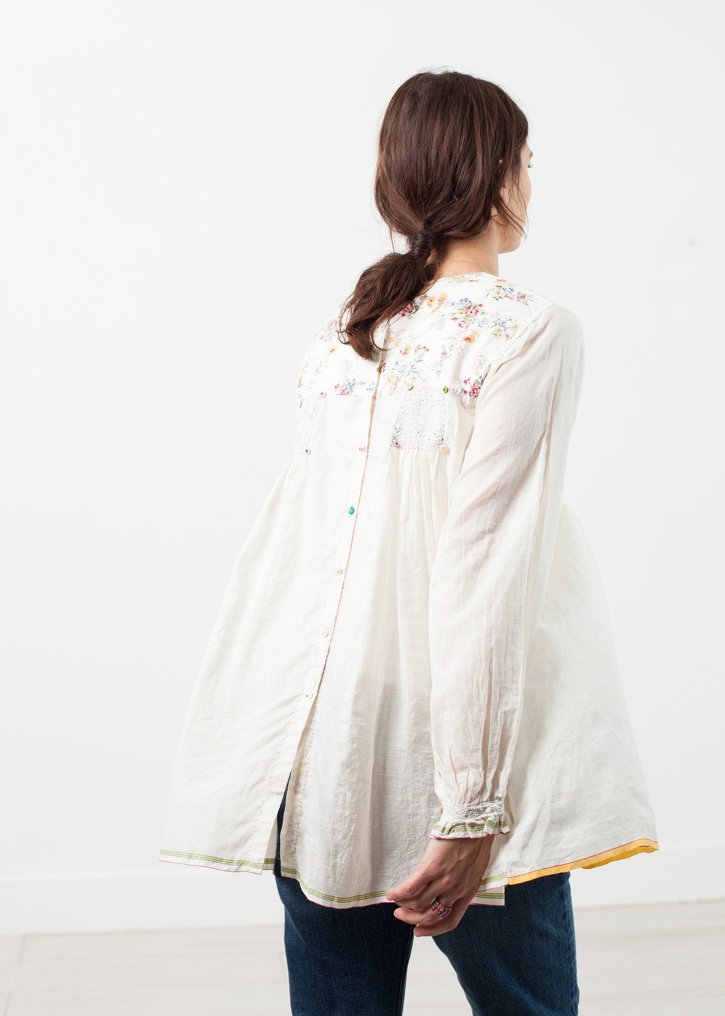 Floral Front Peasant Blouse in White